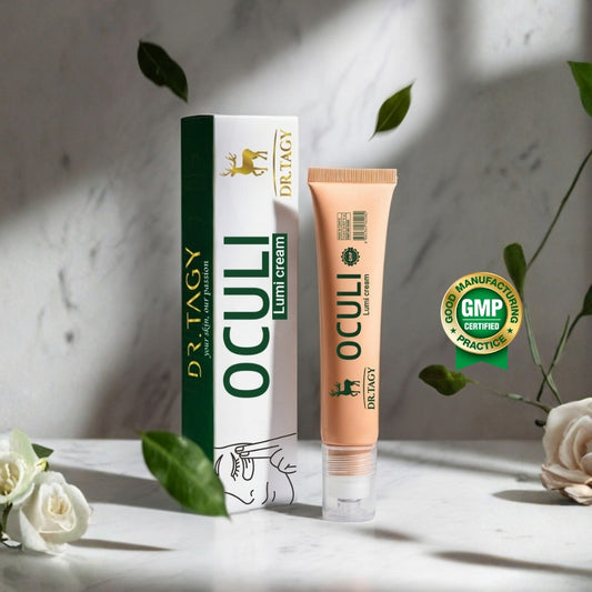 Dr. Tagy OCULi Lumi Cream – brightening and moisturizing eye cream packaging with tube and box on a clean background.