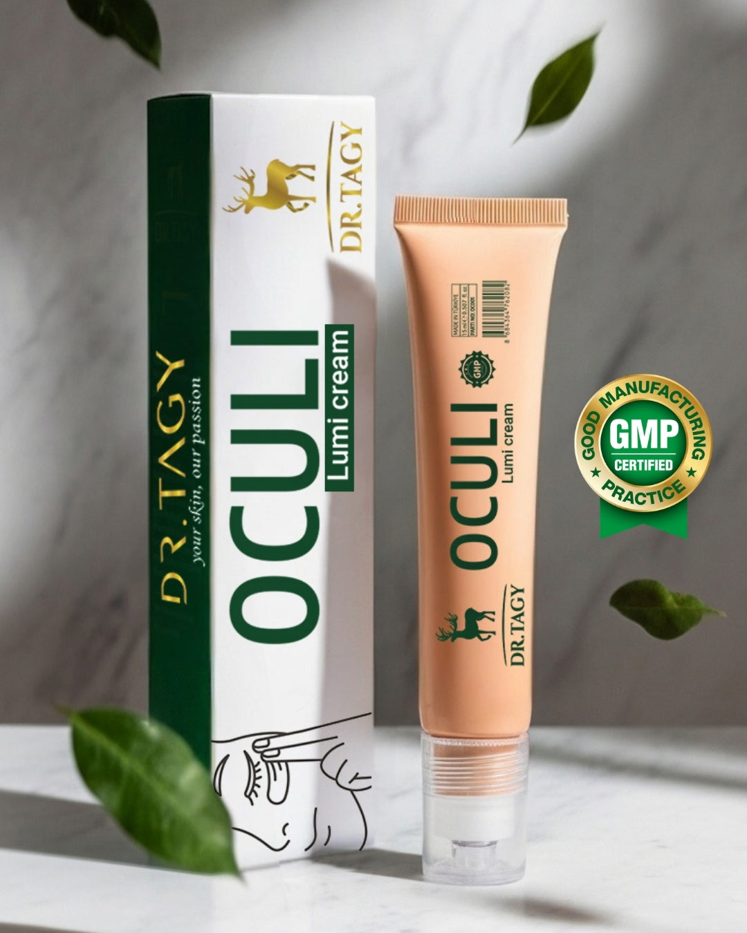Dr. Tagy OCULi Lumi Cream – brightening and moisturizing eye cream packaging with tube and box on a clean background.