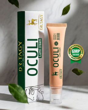 Dr. Tagy OCULi Lumi Cream – brightening and moisturizing eye cream packaging with tube and box on a clean background.