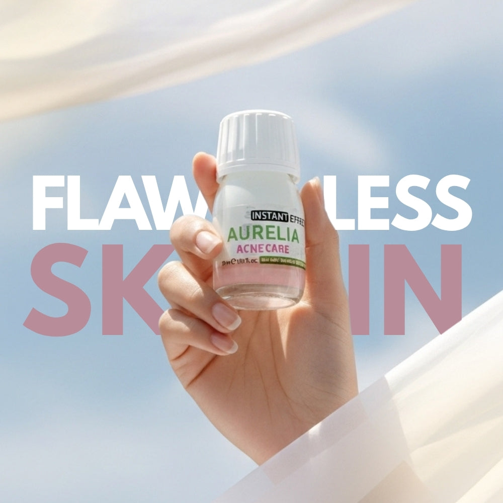 Step-by-step usage instructions for Dr. Tagy Aurelia Acne Care shown with skincare icons: do not shake bottle, dip cotton swab, apply directly to pimples, let dry for one minute, and use at night before sleep — displayed over a woman’s face background.