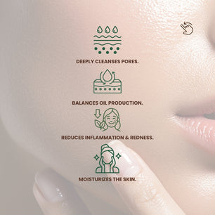 
Infographic showing the benefits of Dr. Tagy Acne Serum: deeply cleanses pores, balances oil production, reduces inflammation and redness, and moisturizes the skin, with clean minimal green icons on a soft beige background.