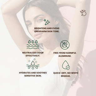 Person raising their arm showing the underarm area with icons and text highlighting the key benefits of Dr. Tagy ACTIVE FRESH underarm brightening care — hydration support, pore-friendly application, and a formula completely free from harmful aluminum.