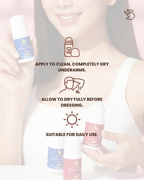 ACTIVE FRESH Brightening Roll-On for Women application guide — woman applying the product with illustrated icons showing the steps: apply to clean, dry underarm skin; allow to dry fully before dressing; suitable for daily brightening care and completely free from harmful aluminum.