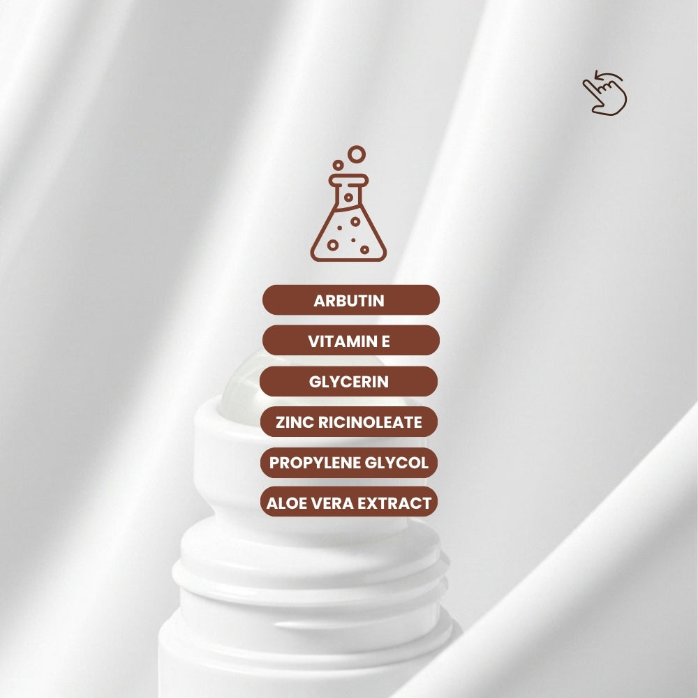 ACTIVE FRESH Roll-On for Women ingredients — Arbutin, Zinc Ricinoleate, Panthenol (Pro-Vitamin B5), Glycerin, and Propylene Glycol — displayed on a clean white background with a lab beaker icon, emphasizing underarm tone care, skin comfort, and a formula completely free from harmful aluminum.