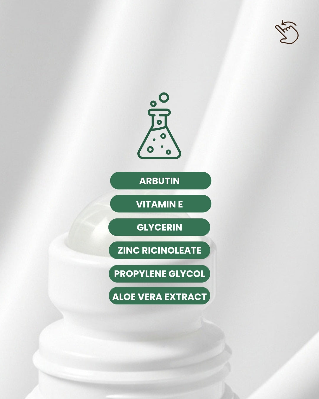 ACTIVE FRESH Roll-On for Women ingredients — Arbutin, Zinc Ricinoleate, Panthenol (Pro-Vitamin B5), Glycerin, and Propylene Glycol — displayed on a clean white background with a lab beaker icon, emphasizing underarm tone care, skin comfort, and a formula completely free from harmful aluminum.