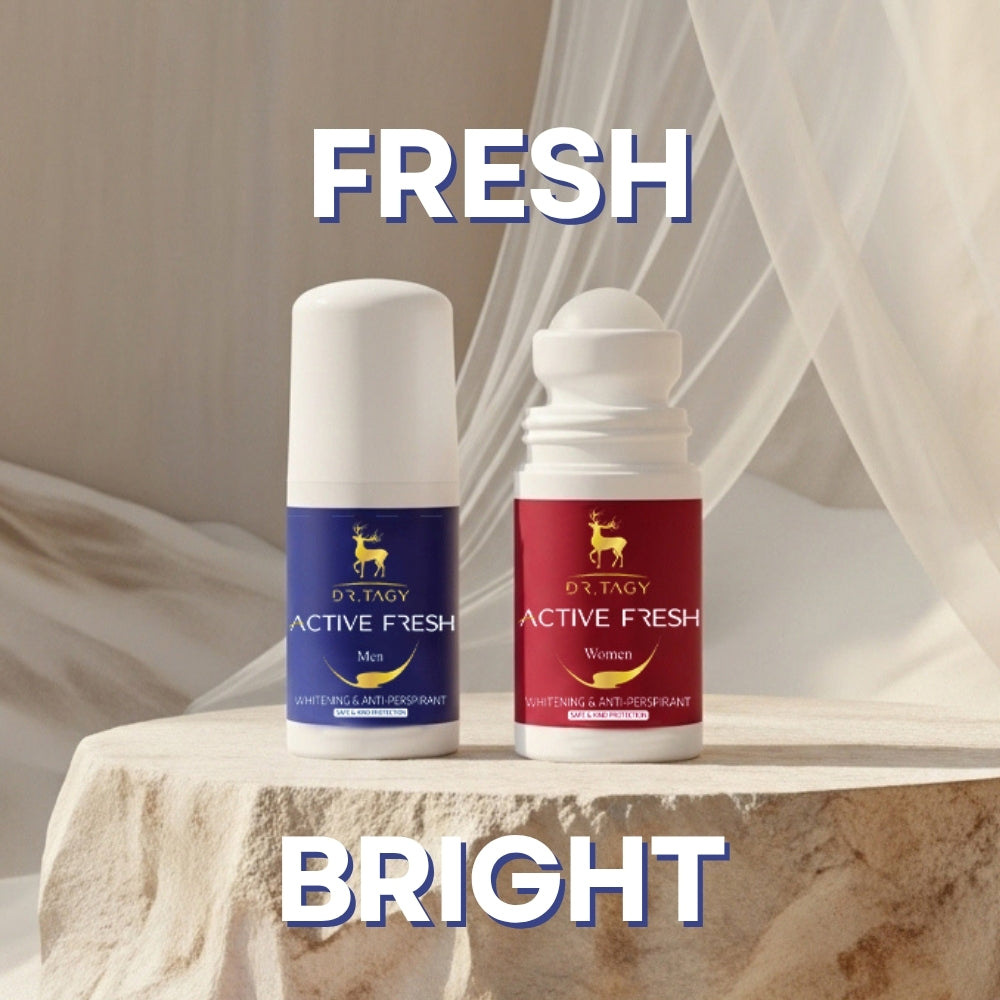 ACTIVE FRESH Brightening Roll-On Care for Men and Women by Dr. Tagy — displayed together on a soft beige surface with the text “Stay Bright & Fresh,” representing freshness, confidence, and underarm tone-correcting care (not a traditional deodorant).