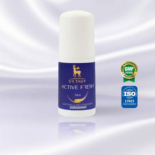 ACTIVE FRESH Brightening Roll-On Care for Men by Dr. Tagy — underarm tone-improving formula displayed with its box and certification logos (GMP, ISO) on a clean white background, emphasizing its aluminum-free formula completely free from harmful aluminum, developed for brightening care rather than antiperspirant blocking.
