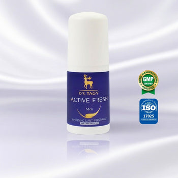 ACTIVE FRESH Brightening Roll-On Care for Men by Dr. Tagy — underarm tone-improving formula displayed with its box and certification logos (GMP, ISO) on a clean white background, emphasizing its aluminum-free formula completely free from harmful aluminum, developed for brightening care rather than antiperspirant blocking.