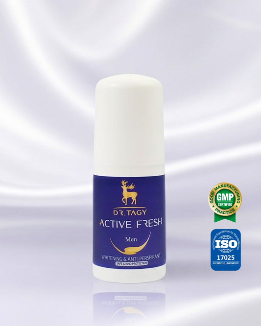 ACTIVE FRESH Brightening Roll-On Care for Men by Dr. Tagy — underarm tone-improving formula displayed with its box and certification logos (GMP, ISO) on a clean white background, emphasizing its aluminum-free formula completely free from harmful aluminum, developed for brightening care rather than antiperspirant blocking.