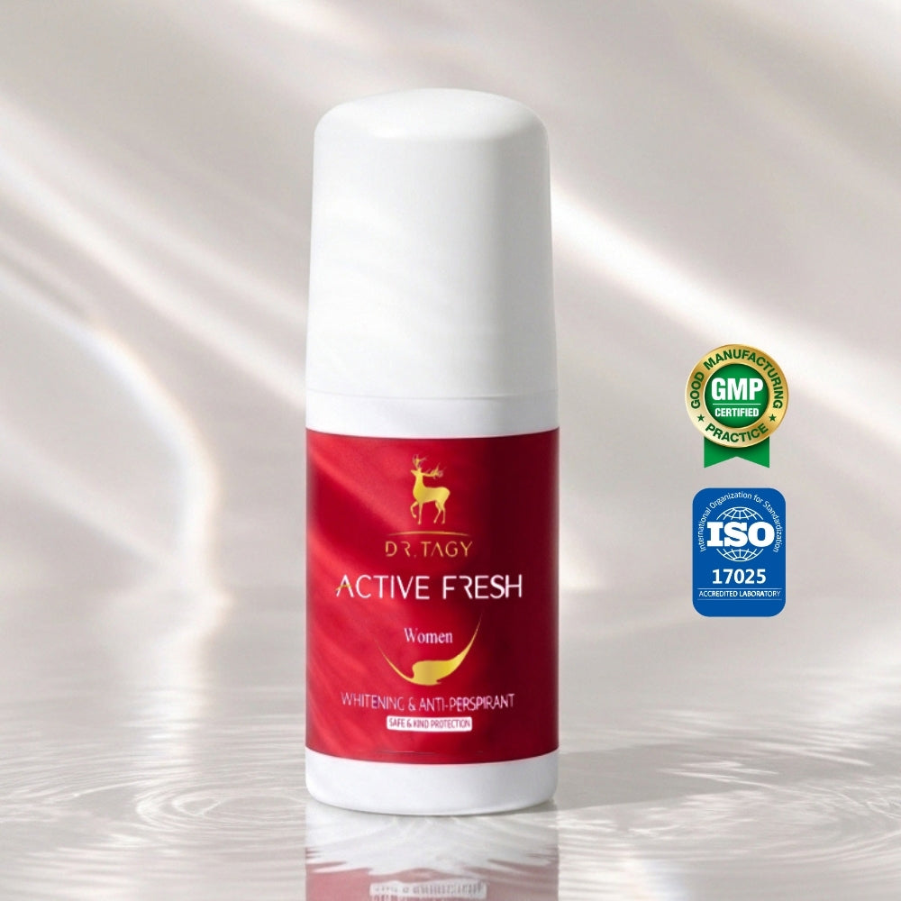 Dr. Tagy ACTIVE FRESH Brightening Roll-On Care for Women — red label bottle with white cap and certification logos (GMP, ISO) on a reflective background, showcasing its formula completely free from harmful aluminum and designed for underarm tone brightening care rather than traditional deodorant use.