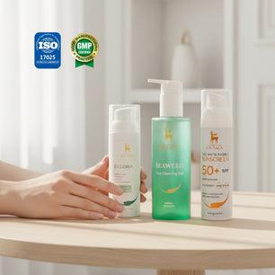 Three DR TAGY skincare products—Ecloria moisturizer, Seaweed cleansing gel, and SPF50+ sunscreen—displayed on a table with ISO and GMP certification logos in the background