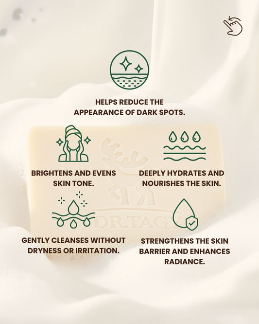 Dr. Tagy Deer Milk Soap benefits — brightens and evens skin tone, deeply hydrates, reduces dark spots, and strengthens the skin barrier with gentle cleansing icons on a white background.