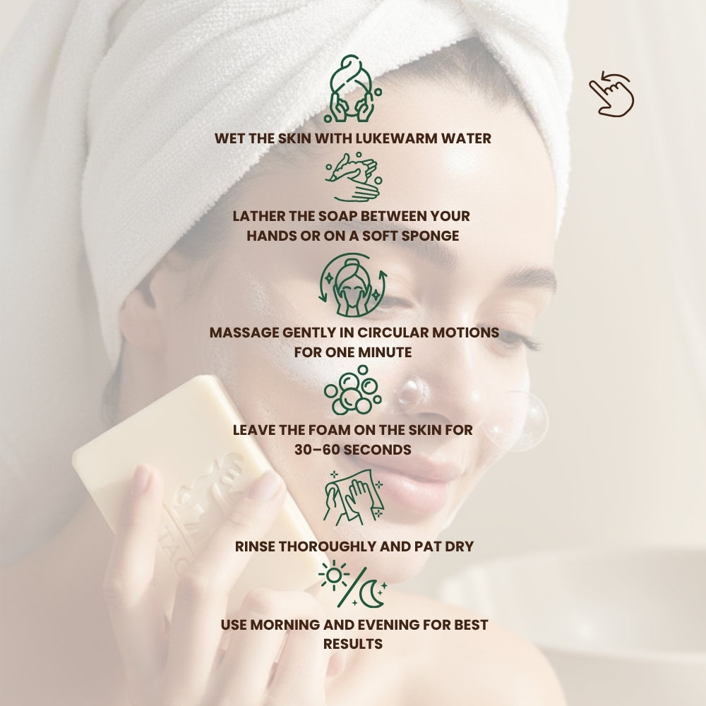 Step-by-step guide for using Dr. Tagy Deer Milk Soap — wet the skin, lather the soap, massage gently in circular motions, leave foam for 30–60 seconds, rinse thoroughly, and use morning and evening for best results, with skincare icons on a beige background.