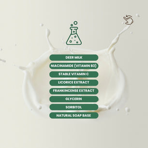 Dr. Tagy Deer Milk Soap ingredients — deer milk, niacinamide (vitamin B3), stable vitamin C, licorice extract, frankincense extract, glycerin, sorbitol, and natural soap base displayed on a light background with droplet icon.
