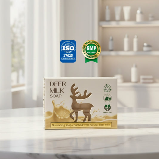 Deer Milk Soap by Dr. Tagy with ISO 17025 and GMP certified labels, natural nourishing soap enriched with deer milk placed on a clean bathroom background.