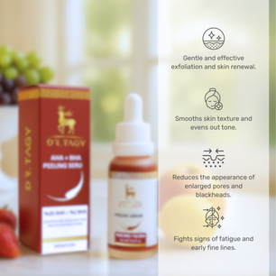 Dr. Tagy AHA + BHA Peeling Serum with packaging box and highlighted product benefits on a blurred natural background.