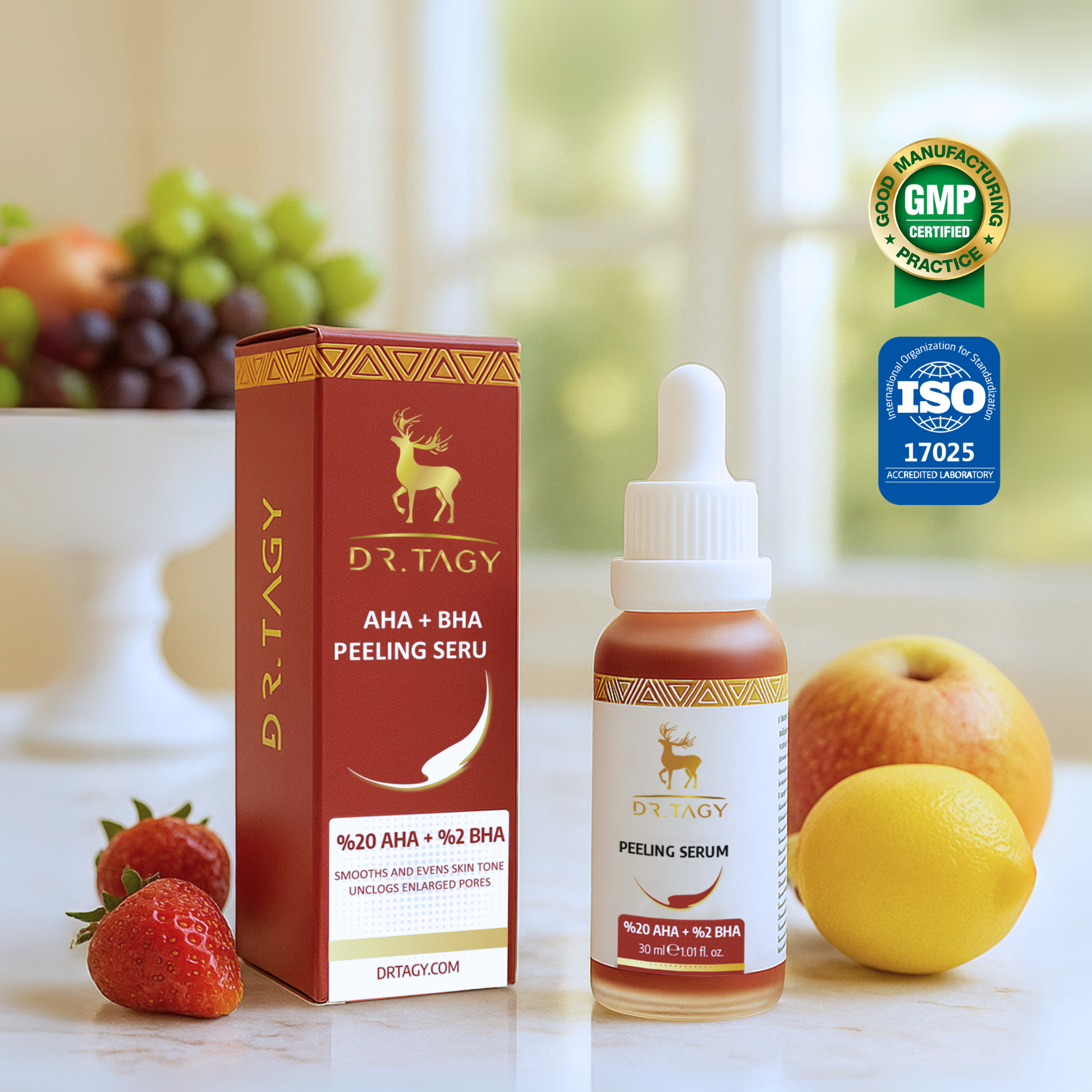 Dr. Tagy Fruit Acids Serum AHA + BHA with packaging box and certification logos, displayed with fresh fruits background.