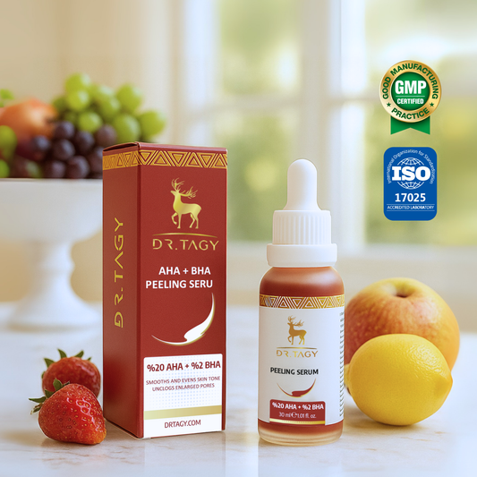 Dr. Tagy Fruit Acids Serum AHA + BHA with packaging box and certification logos, displayed with fresh fruits background.
