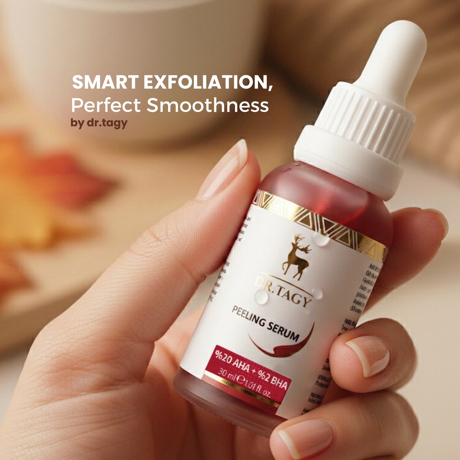 Hand holding a bottle of DR TAGY AHA + BHA Peeling Serum with background text about exfoliation and smoothness.