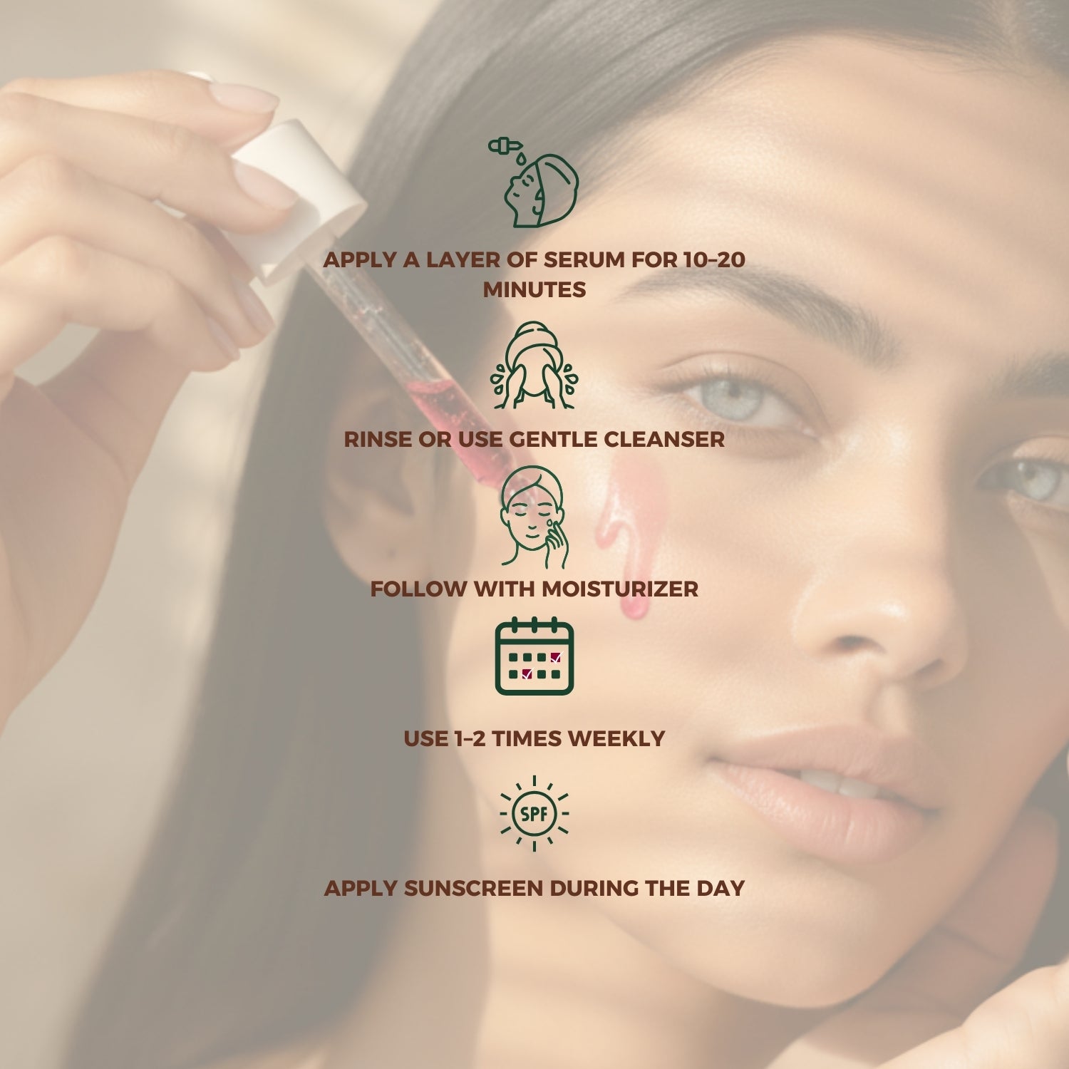 Infographic showing how to use DR TAGY AHA + BHA Peeling Serum with illustrated application steps, placed over a background of a woman applying serum to her face.