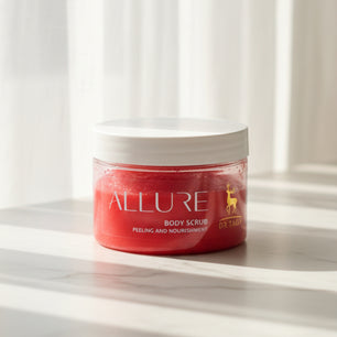 Allura body scrub jar from Dr. Tagy placed on a light surface with a soft blurred background.