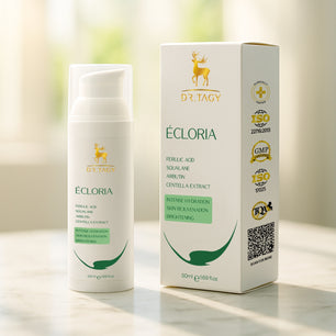 DR TAGY Écloria moisturizer bottle with its packaging placed on a marble surface, with hydration and brightening labels visible