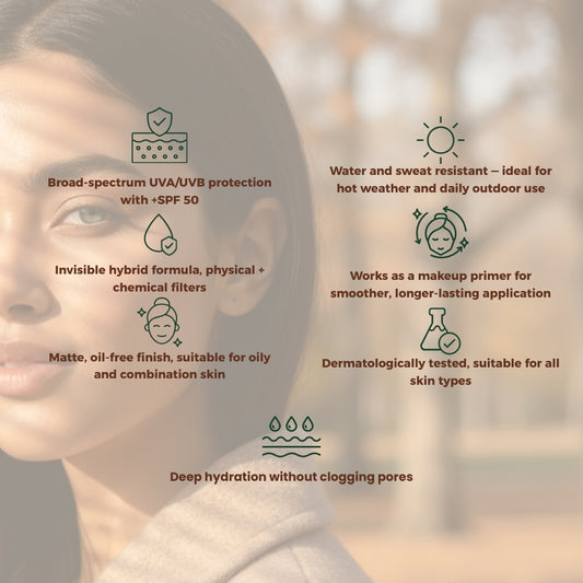 Infographic showing DR TAGY sunscreen features with icons and text, placed over a blurred image of a woman’s face.