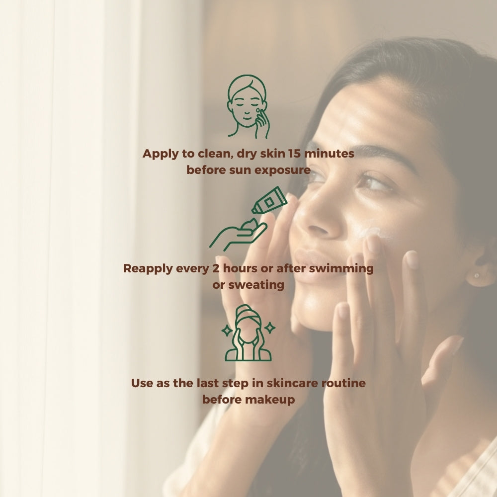 Infographic showing how to apply DR TAGY sunscreen, with illustrated steps placed over a background of a woman applying sunscreen to her face.
