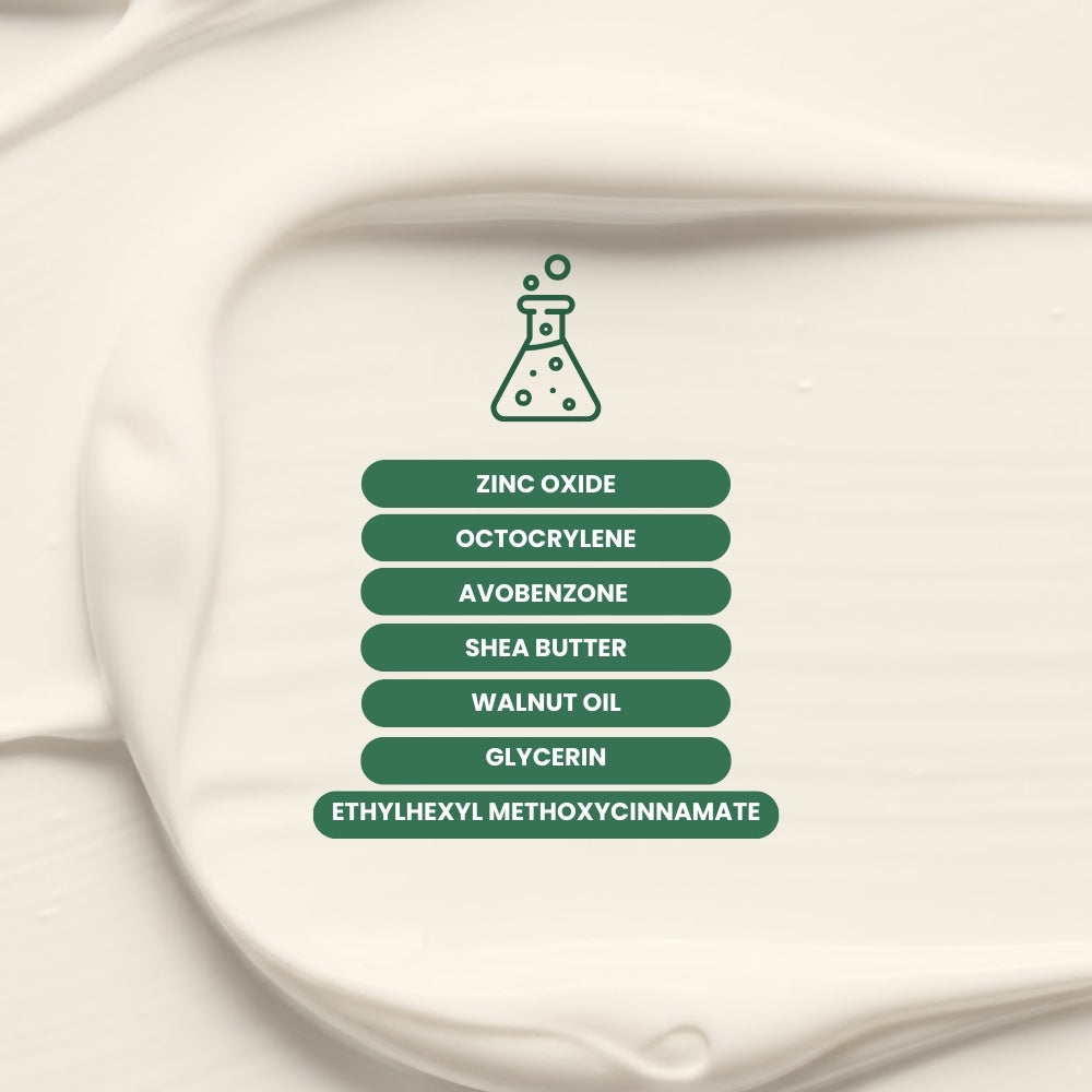 Infographic showing the ingredient list of DR TAGY sunscreen on a white background with a green laboratory beaker icon.