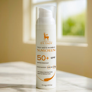 Dr. Tagy Sunscreen SPF 50+ – invisible matte finish sun protection for all skin types in a 75ml bottle.