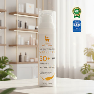 DR TAGY SPF50+ matte invisible sunscreen bottle displayed on a light surface with ISO and GMP certification logos in the background