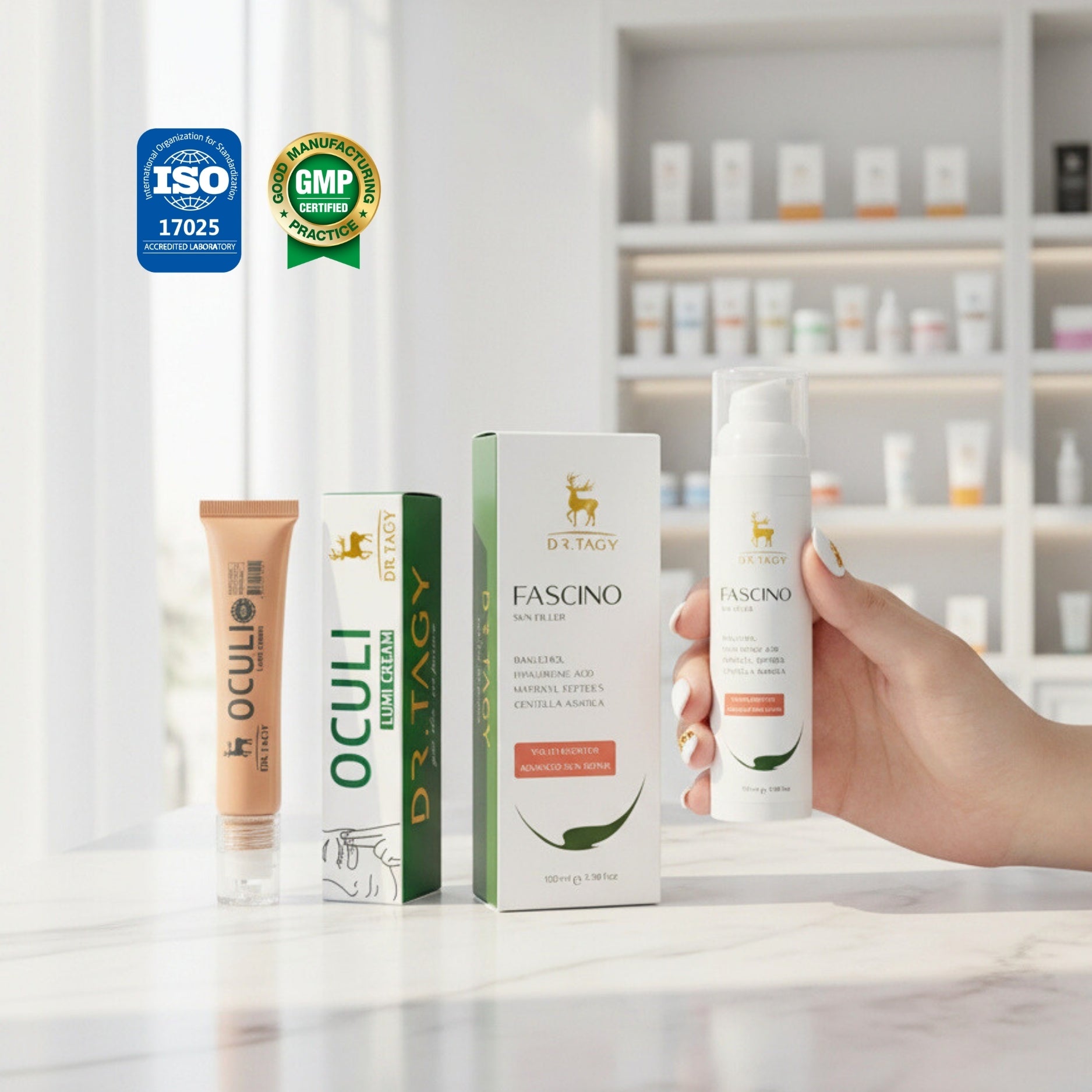 DR TAGY Under Eye Care Set including Oculi under-eye balm and Fascino brightening cream with their packaging, displayed on a light surface in a clinic-style background with ISO and GMP logos.