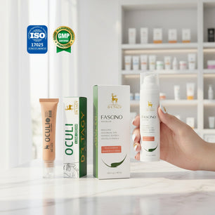 DR TAGY Under Eye Care Set including Oculi under-eye balm and Fascino brightening cream with their packaging, displayed on a light surface in a clinic-style background with ISO and GMP logos.