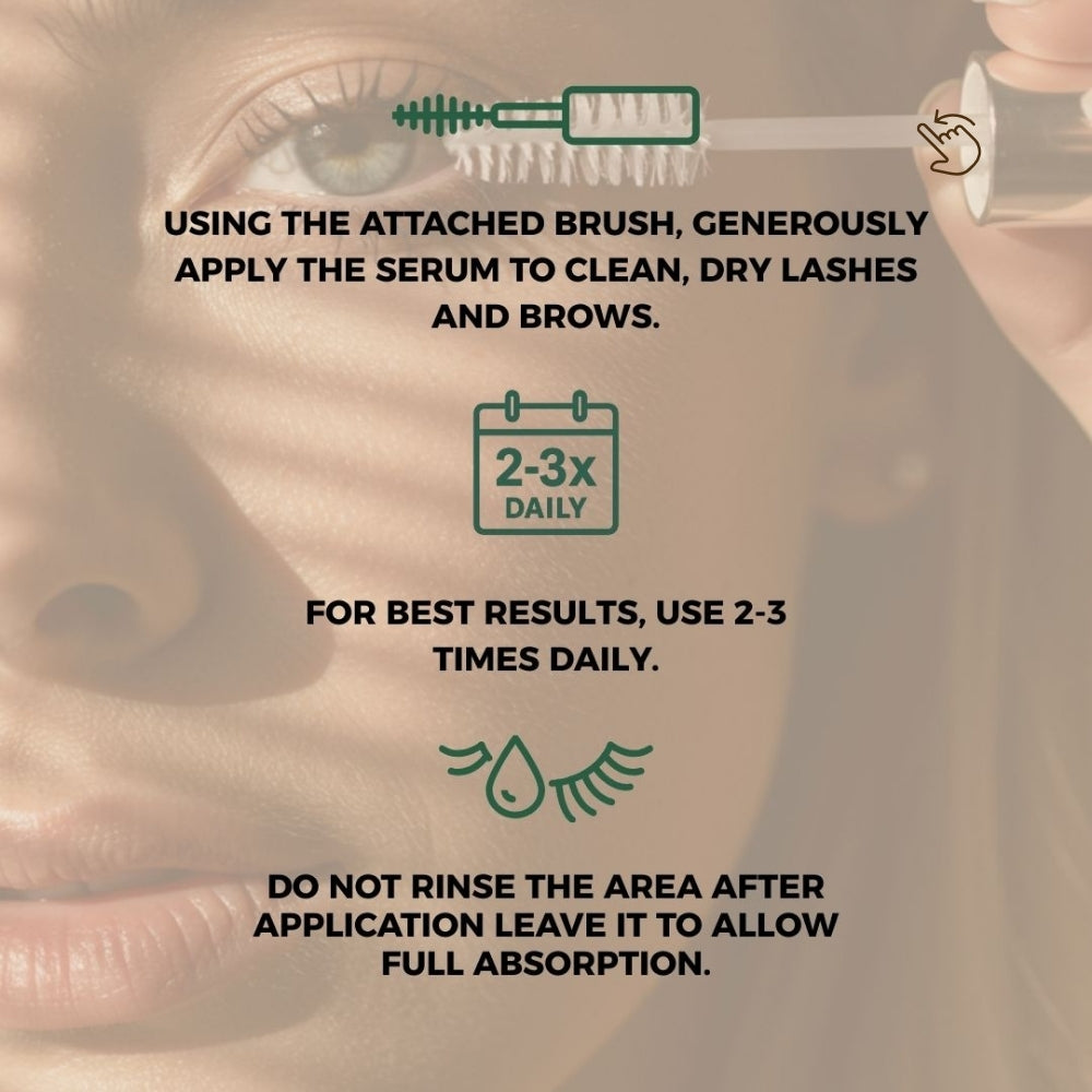 How to use Eyeluxe Eyelash Intensive Serum by Dr. Tagy — instructions showing brush application on clean lashes and brows, 2–3 times daily, with a close-up eye background.