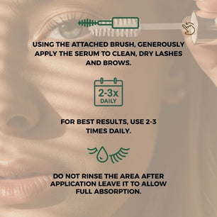 How to use Eyeluxe Eyelash Intensive Serum by Dr. Tagy — instructions showing brush application on clean lashes and brows, 2–3 times daily, with a close-up eye background.