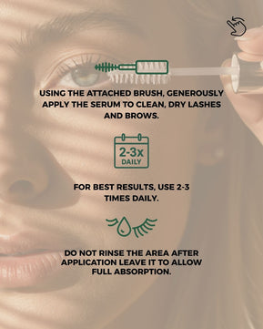 How to use Eyeluxe Eyelash Intensive Serum by Dr. Tagy — instructions showing brush application on clean lashes and brows, 2–3 times daily, with a close-up eye background.
