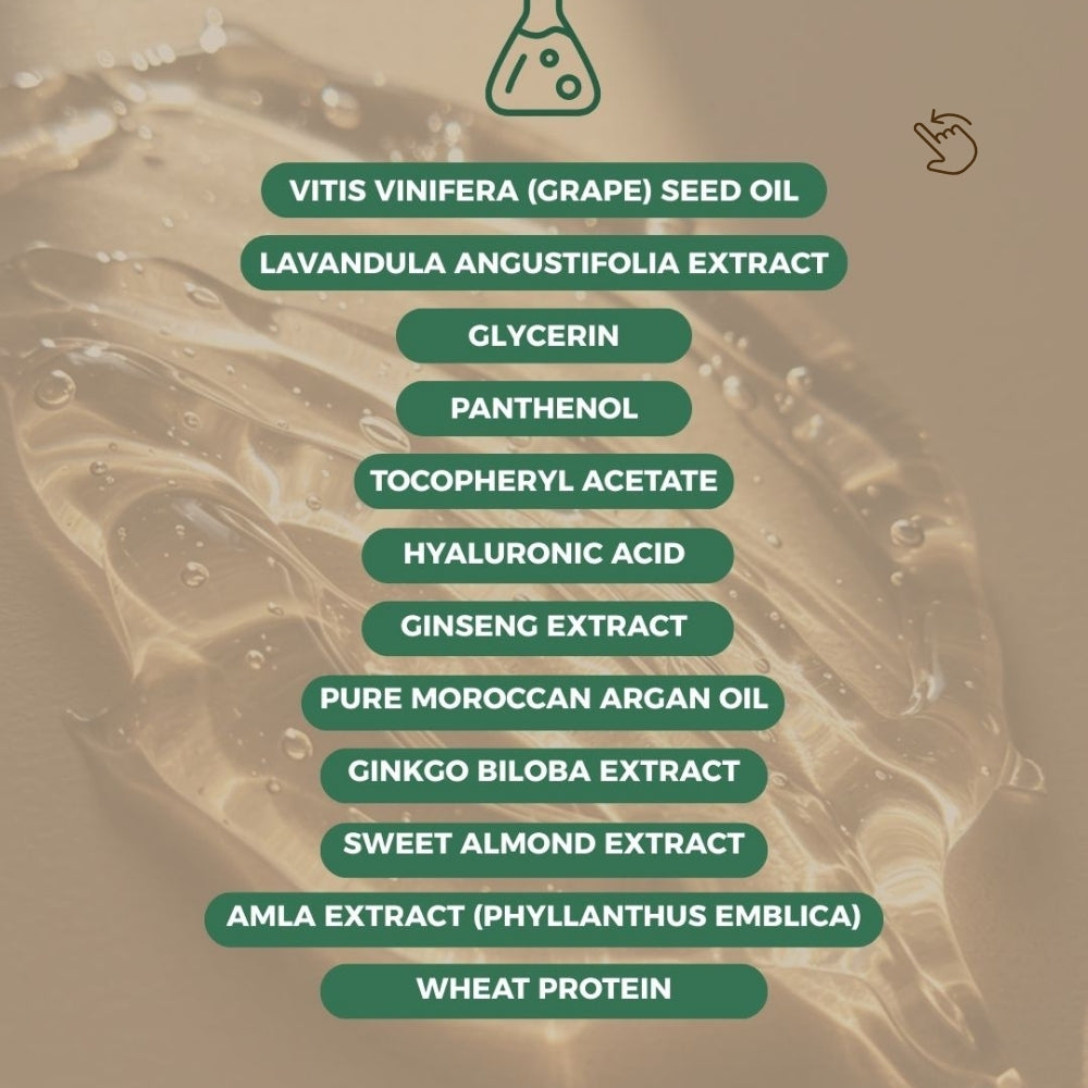 List of natural ingredients used in Eyeluxe Eyelash Intensive Serum by Dr. Tagy — includes ginseng extract, argan oil, amla extract, and wheat protein on a beige background.