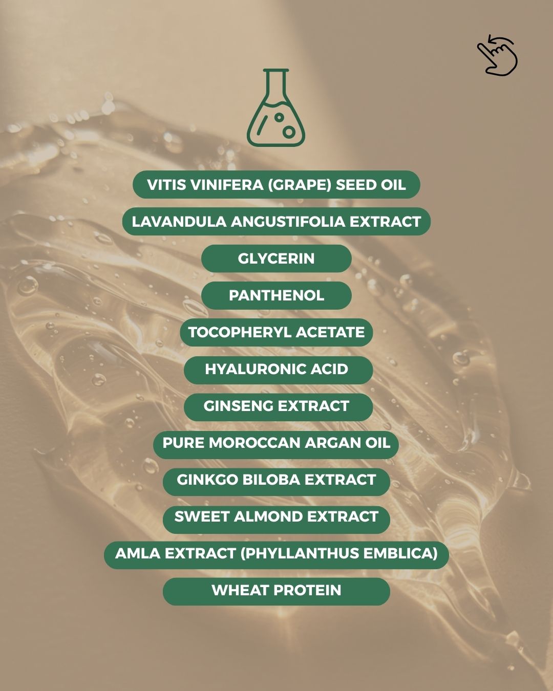 List of natural ingredients used in Eyeluxe Eyelash Intensive Serum by Dr. Tagy — includes ginseng extract, argan oil, amla extract, and wheat protein on a beige background.