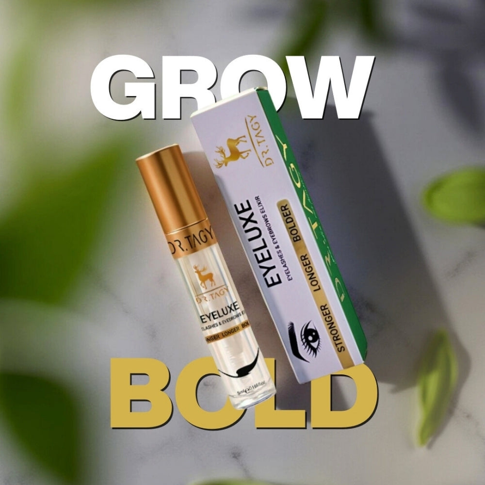 Main promotional image of Eyeluxe Eyelash Intensive Serum by Dr. Tagy — serum bottle and box with “GROW BOLD” text on a bright green background.