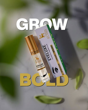Main promotional image of Eyeluxe Eyelash Intensive Serum by Dr. Tagy — serum bottle and box with “GROW BOLD” text on a bright green background.