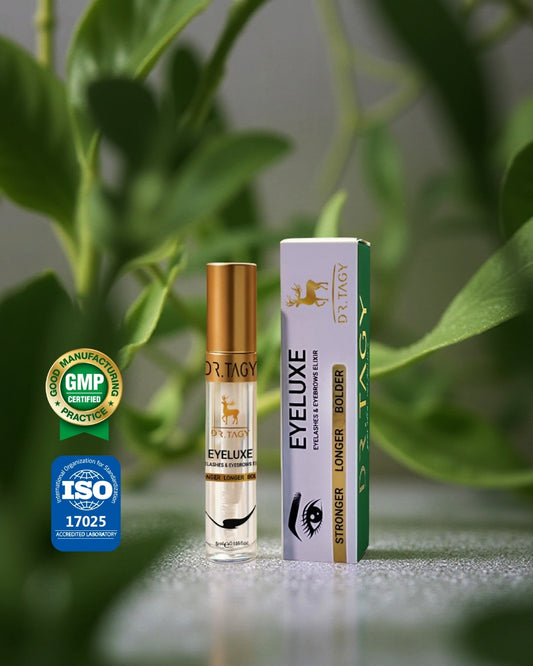 Eyeluxe Eyelash Intensive Serum by Dr. Tagy — lash and brow growth serum bottle with box and certification logos (GMP, ISO) on a natural green background.