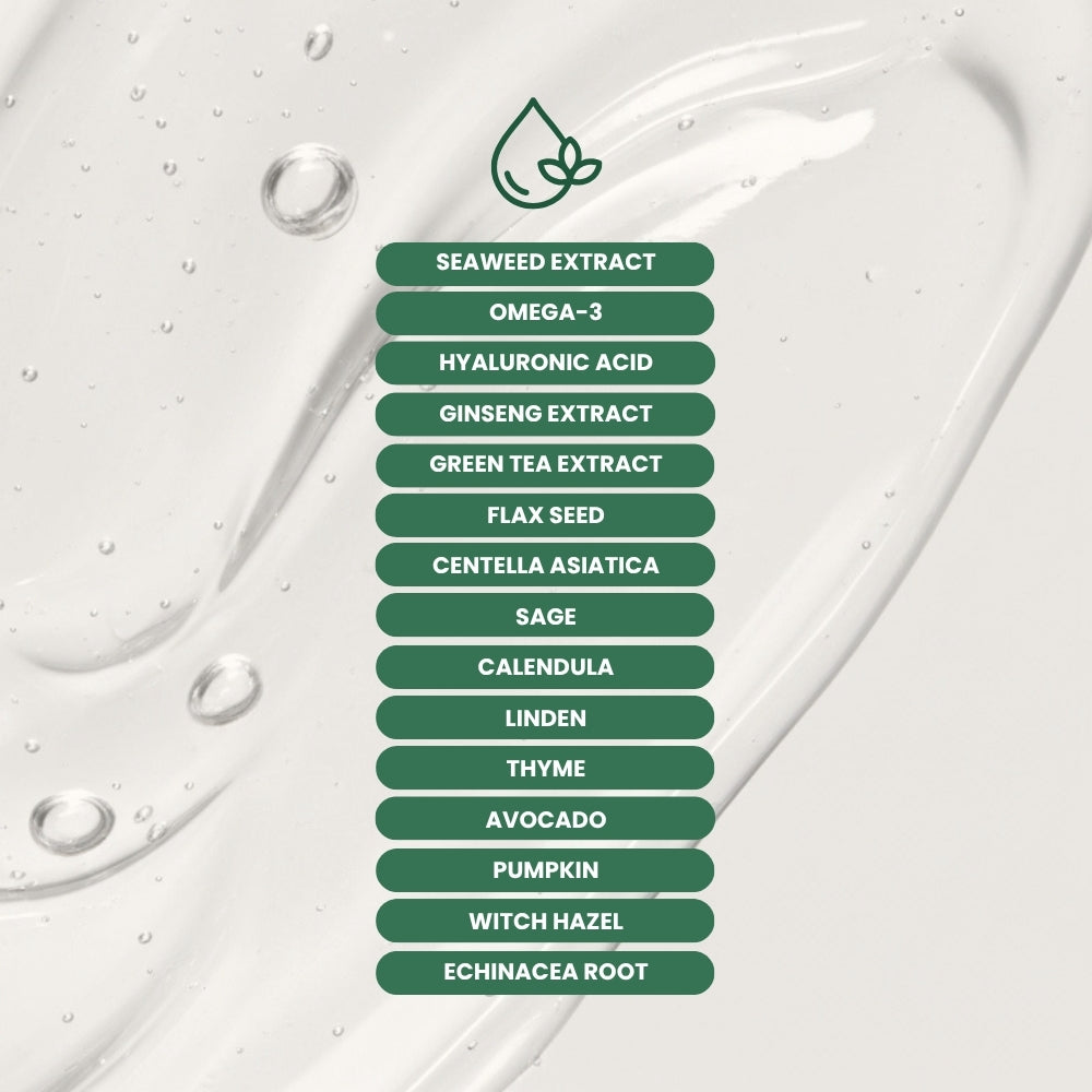 
List of natural ingredients in Dr. Tagy Seaweed Face Cleanser, including seaweed extract, omega-3, hyaluronic acid, ginseng, green tea, flax seed, centella asiatica, sage, calendula, linden, thyme, avocado, pumpkin, witch hazel, and echinacea root on a soft watery background.