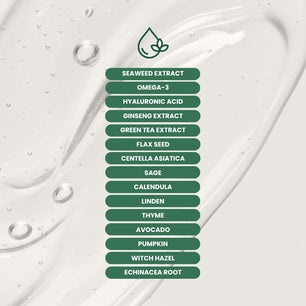 
List of natural ingredients in Dr. Tagy Seaweed Face Cleanser, including seaweed extract, omega-3, hyaluronic acid, ginseng, green tea, flax seed, centella asiatica, sage, calendula, linden, thyme, avocado, pumpkin, witch hazel, and echinacea root on a soft watery background.