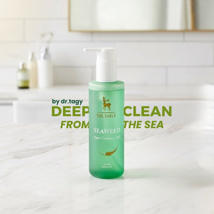 Dr. Tagy Seaweed Face Cleansing Gel with the text “Deep Clean from the Sea,” showcasing the product bottle on a white bathroom background, representing freshness and purity.