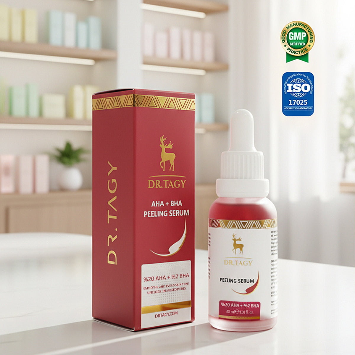 Hand holding a bottle of DR TAGY SPF50+ matte invisible sunscreen with product text partially visible in the background.