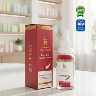 Hand holding a bottle of DR TAGY SPF50+ matte invisible sunscreen with product text partially visible in the background.