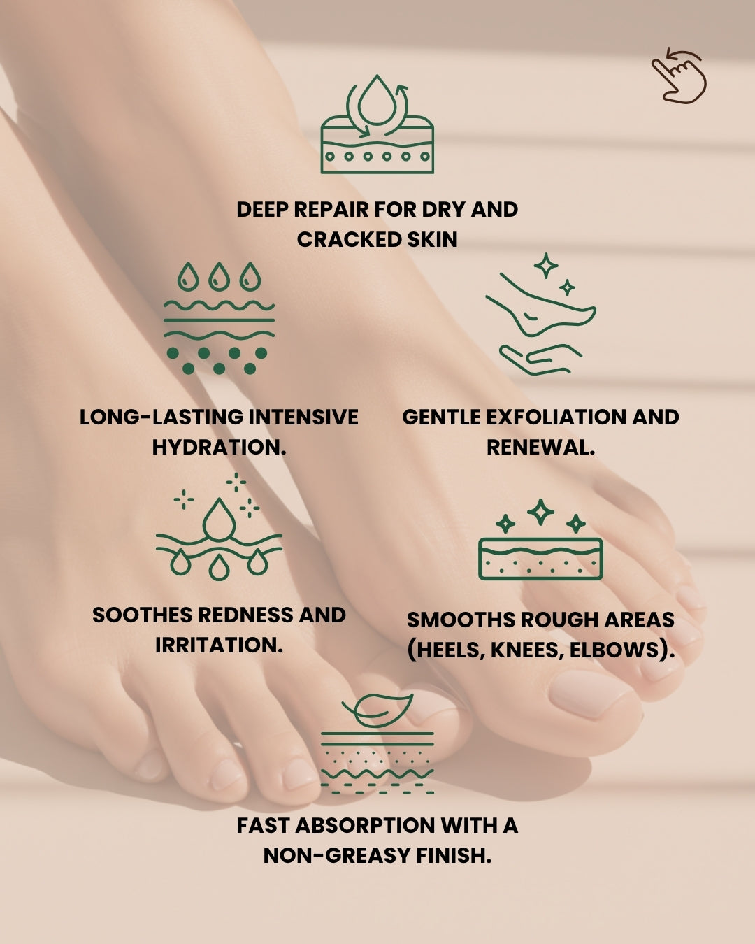 Illustrated benefits of Dr. Tagy Velvet Heel Foot Care Cream showing icons and text about hydration, repair, exfoliation, and smooth skin on a beige background.