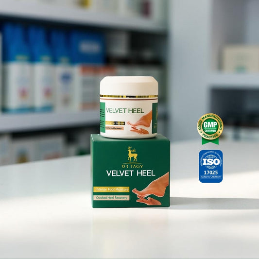 Dr. Tagy Velvet Heel Foot Care Cream jar and packaging with certification logos on a white background.