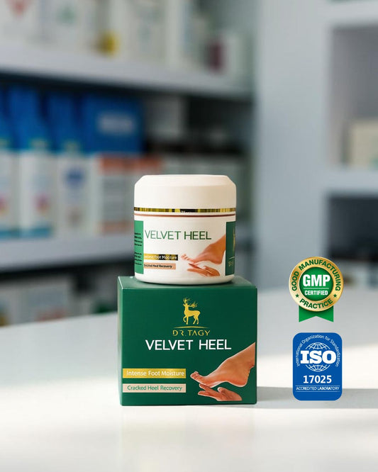 Dr. Tagy Velvet Heel Foot Care Cream jar and packaging with certification logos on a white background.