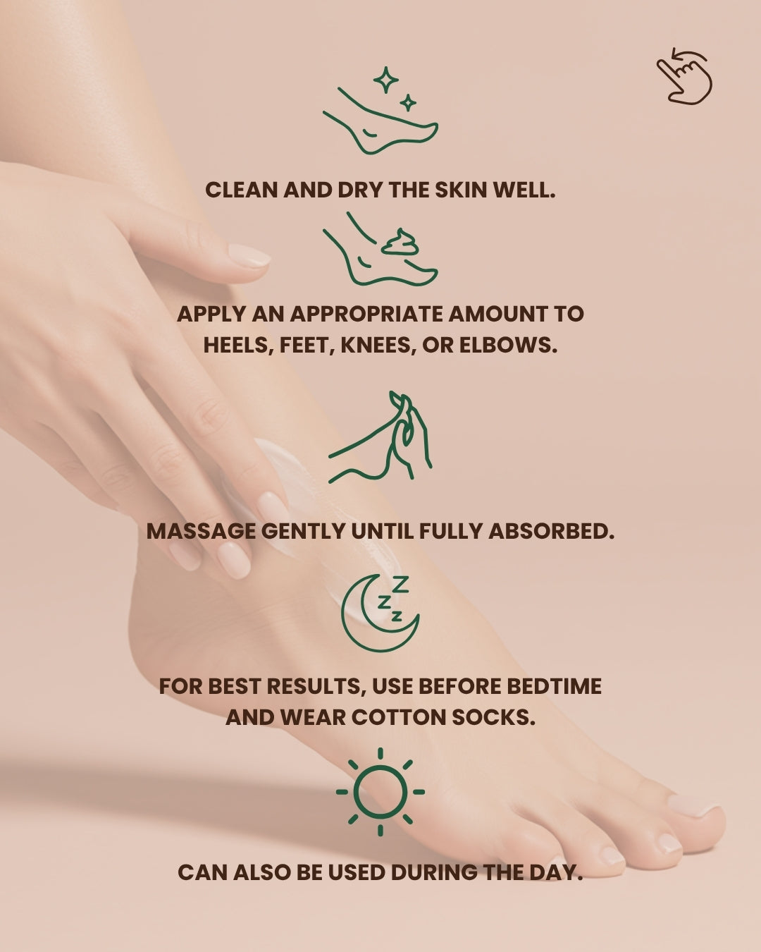 Step-by-step usage guide for Dr. Tagy Velvet Heel Foot Care Cream with illustrated icons showing how to apply, massage, and use before bedtime or during the day on heels and feet.